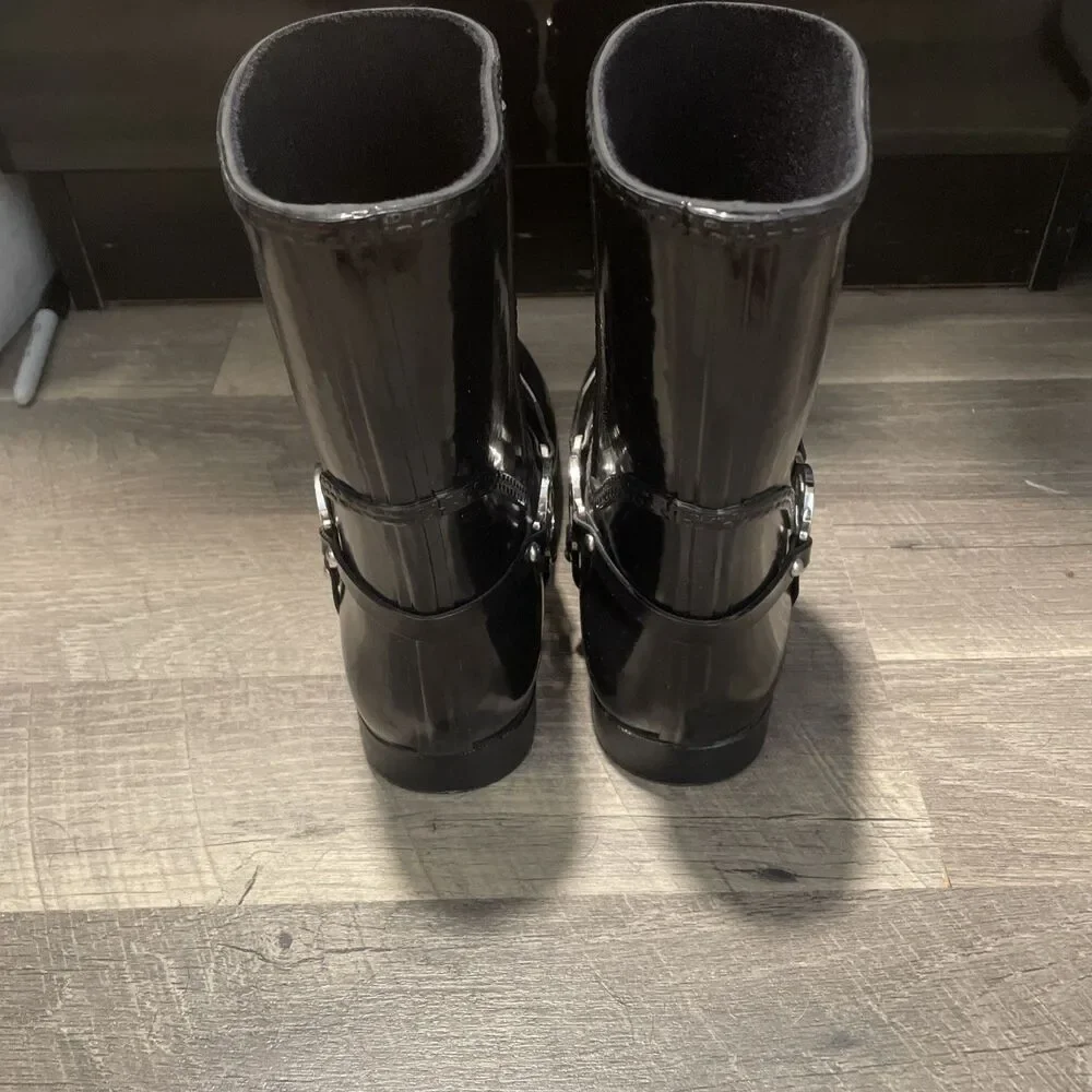 Michael Kors Fulton Harness Rain Boots Black Glossy Mid Calf Women’s Sz 10
